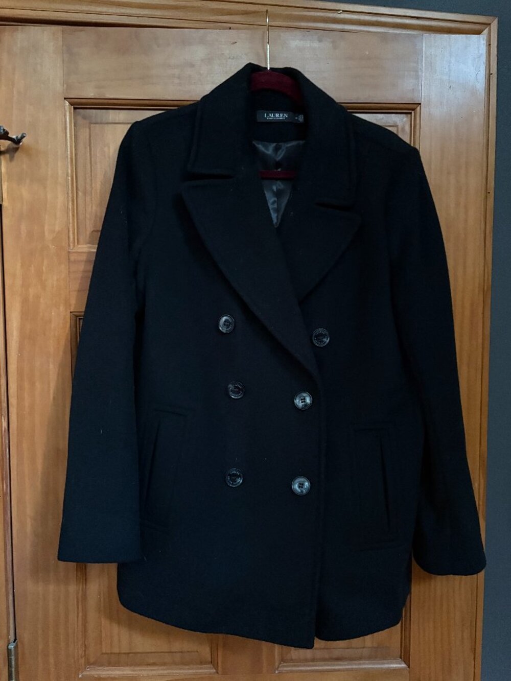 LAUREN Ralph Lauren Black Wool Blend Double Breasted Peacoat Size 14